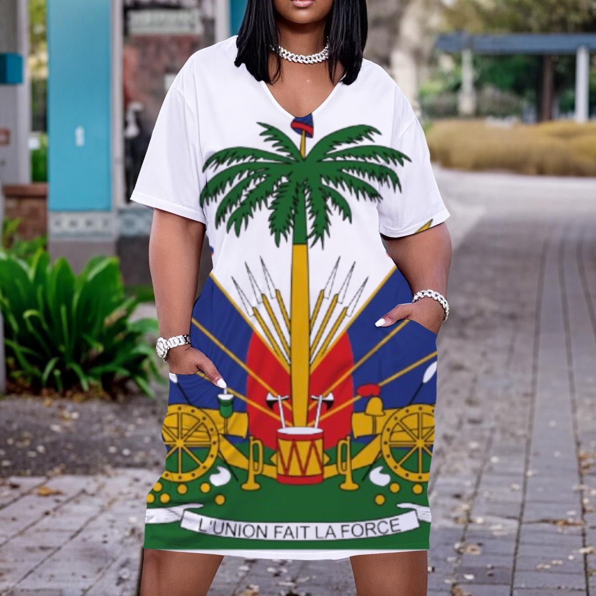 All-Over Print Women'S V Neck Short Sleeve Dress|Plus Size